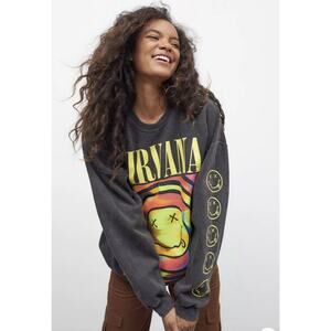 Urban Outfitters Nirvana Smile Sweatshirt Black S/M Oversized Overdyed NWT